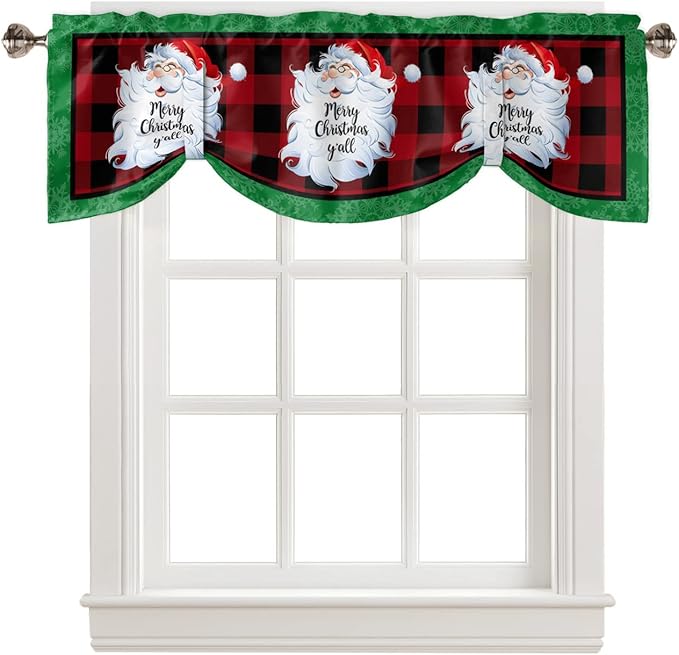 Merry Christmas Y'all Blackout Tie Up Valance Curtains for Kitchen Windows XMAS Santa Claus Window Toppers Balloon Shades for Living Room/Bathroom/Bedroom,1 Panel,60" X 18" Red Buffalo Plaid