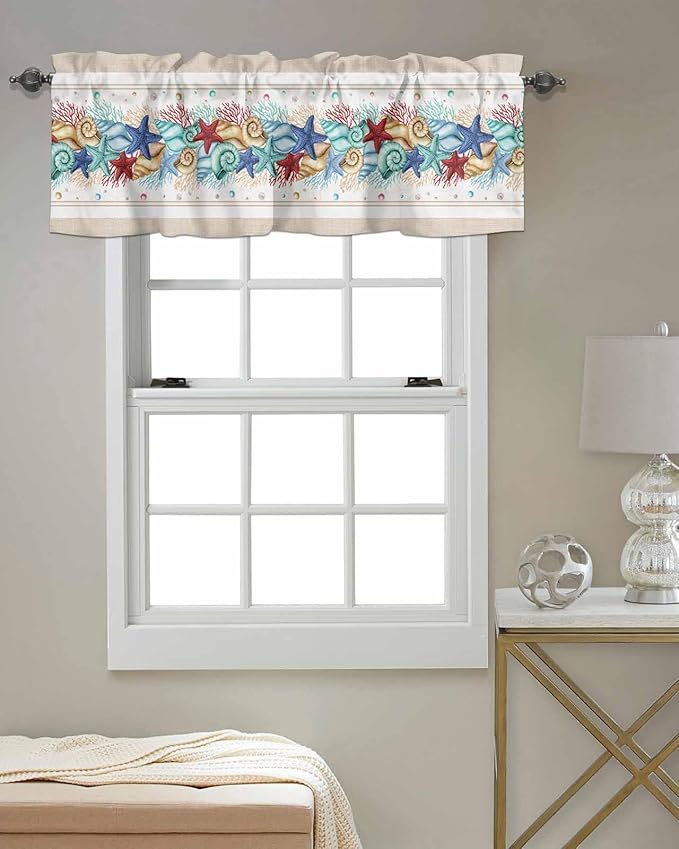 Coastal Beach Kitchen Curtains Valances for Windows Nautical Ocean Seashell Coral Starfish Rod Pocket Window Treatment for Kitchen /Living Room/Bedroom/ Bathroom, 60" X 18", Brown Aqua Summer
