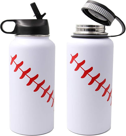 32 oz Baseball Water Bottle, Wide Mouth Sports Flask Metal Travel Tumbler with 2 Lids 18/8 Stainless Steel Double Wall Vacuum Insulated (32oz, White baseball)