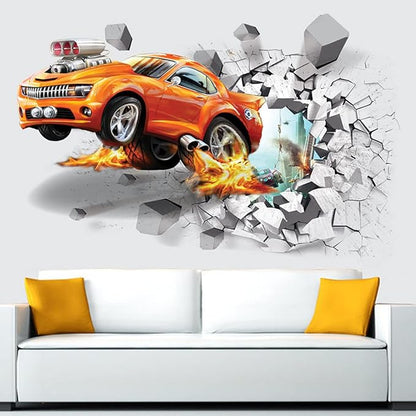 3D Fire Car Wall Sticker Decal Crack Hole fire Car Wall Art Decal Removable Broken Smashed Car Decoration Mural for Boys Bedroom Baby Kids Nursery Room (3D Fire Car)