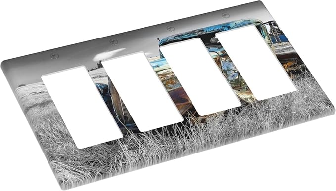 Vintage Country Old Blue Truck 4 Gang Rocker Decora Light Switch Cover Rustic Decorative Outlet Covers Wall Plate Electrical Faceplate Switchplate GFCI for Farmhouse Bedroom Livingroom Decor