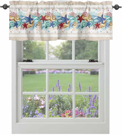 Coastal Beach Kitchen Curtains Valances for Windows Nautical Ocean Seashell Coral Starfish Rod Pocket Window Treatment for Kitchen /Living Room/Bedroom/ Bathroom, 42" X 18", Brown Aqua Summer