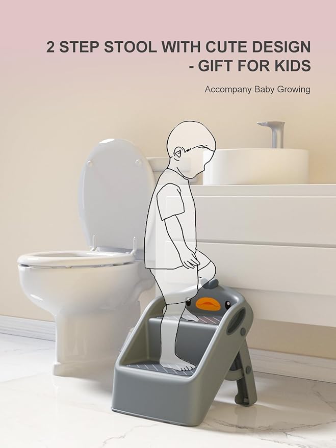 Toddler Step Stool Dark Grey, Foldable 2 Step Stool for Kids Bathroom Sink Potty Toilet, 15" Height(11" Two Steps & 4" Back Support), Cute & Lightweight Gift to Give Todders 1-3 More Independence