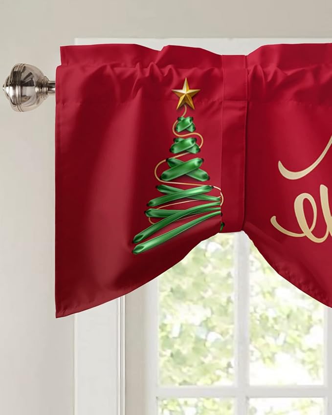 Merry Christmas Blackout Tie Up Valance Curtains for Kitchen Windows Christmas Tree Window Toppers Balloon Shades for Living Room/Bathroom/Bedroom,1 Panel,42" X 12" Winter Holidays