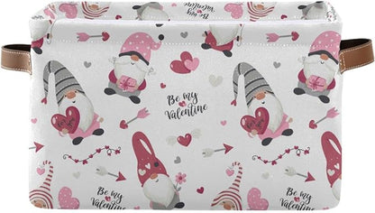 Happy Valentine's Day Gnomes Storage Basket Fabric Laundry Baskets Be Mine Valentine Love Heart Storage Boxes Organizer Bag for Baby Cloth Dog Toy Book Storage Cubes Shelf Closet Bins 16×12×8 Inches
