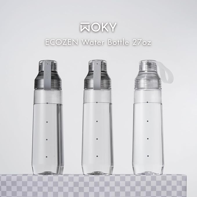 WOKY Ecozen 27oz Water Bottle - Clear Aesthetic Water Bottle with Silicone Carry Strap, Leak Proof and Reusable, Ideal for Gym, Travel, and Everyday Use (Clear)