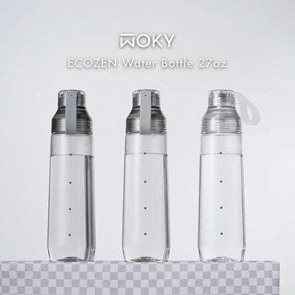 WOKY Ecozen 27oz Water Bottle - Clear Aesthetic Water Bottle with Silicone Carry Strap, Leak Proof and Reusable, Ideal for Gym, Travel, and Everyday Use (Clear)