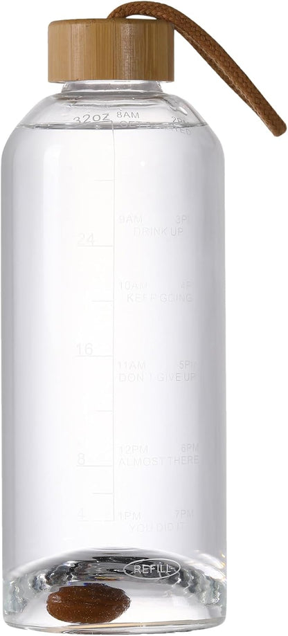 Crazy Music 32 oz Clear Glass Water Bottles,Reusable Glass Juicing Bottles with Stainless Steel Leak Proof Lids -16 oz Sports Water Bottle with Time Marker for Gym, Sports, Outdoors(32 Oz Gold