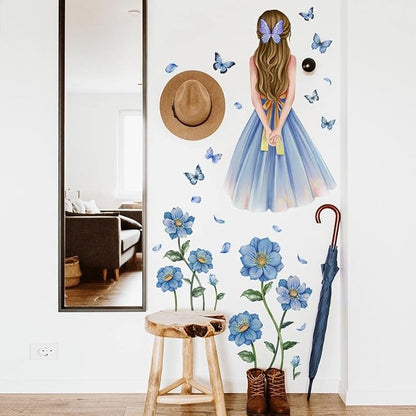 Baby Girl Wall Decals Blue Flower Butterfly Wall Sticker DIY Butterfly Wall Decals Removable Vinyl Peel and Stick for Kids Baby Nursery Bedroom Playroom Art Decoration