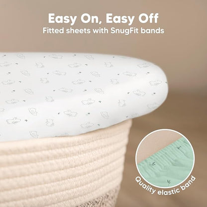 2-Pack Baby Bassinet Sheets Girl, Boy - Viscose Derived from Bamboo Fitted Bassinet Sheets Compatible with Halo Bassinest Swivel Sleeper, Baby Delight, Graco Bedside Bassinet Mattress Sheet (Bunnies)