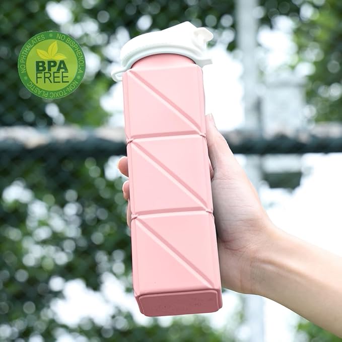 620ml Silicone Foldable Water Bottle with Straw Lid - Lightweight, Reusable, & Leakproof for Travel, Camping, Hiking, & Sports (PINK)