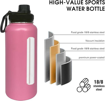 4pack 32 oz Insulated Water Bottle With Straw, Stainless Steel Sports Water Cup Flask with 2 Lids, Wide Mouth Travel Thermal Mug,Pink