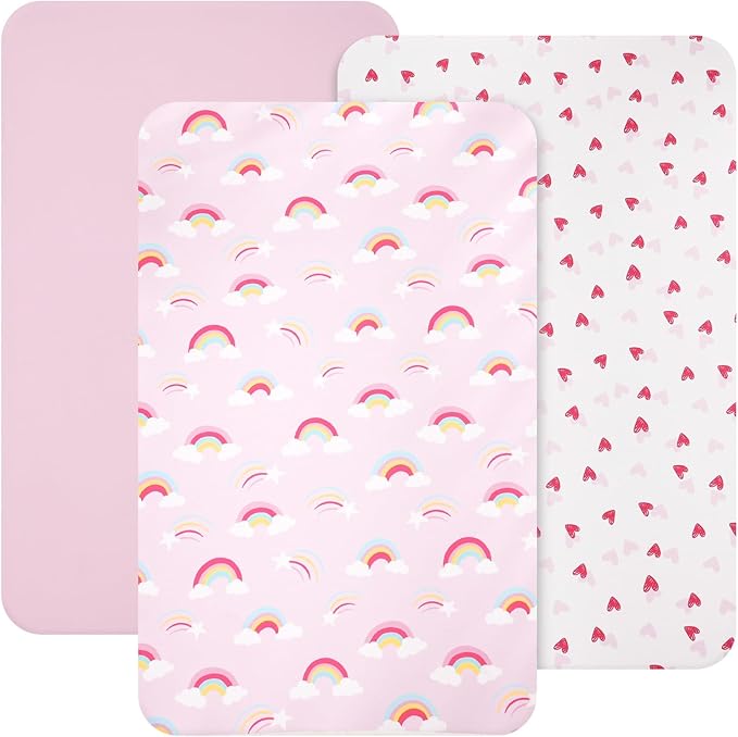 3 Pack Mini Crib Sheets, Premium Pack N Play Sheets for Boys Girls Neutral, Soft Breathable Baby Sheets Fit Pack N Play, Playard and Mini Crib Mattresses, Rainbow