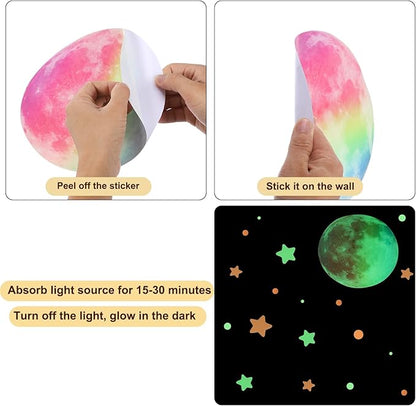 uxcell Glow in The Dark Stickers, Dots and Stars Wall Decals, Glowing Star Decal Decoration for Ceiling and Wall, 200mm Colorful Moon