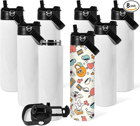 AGH 20oz Sublimation Sports Water Bottle Blanks with Straw & Handle Lid Straight Tumblers Stainless Steel Metal Vacuum Insulated Flask for Glitter Vinyl, Sport Outdoor Travel 8pcs