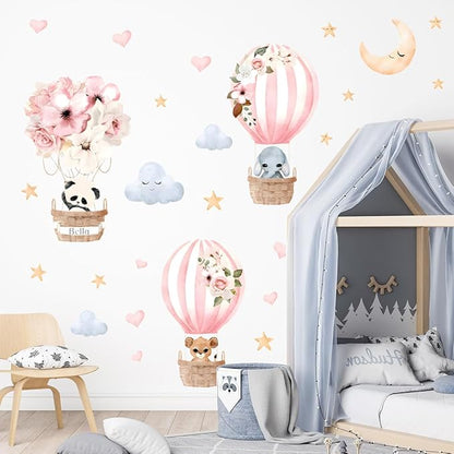 Cute Panda Elephant Hot Air Balloon Animals Wall Decals Star Moon Cloud Flower Balloon Nursery Wall Stickers Baby Girl Wall Decor