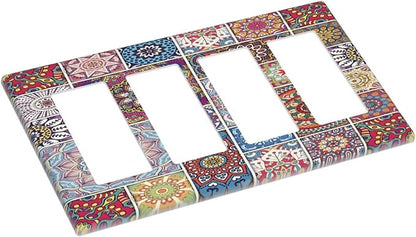 Morocco Talavera Mexican Tiles Printed Colroful Mandala 4 Gang Rocker Decora Light Switch Cover Outlet Covers Wall Plate Decorative Switchplate Electrical Faceplate GFCI for Kitchen Bathroom Decor