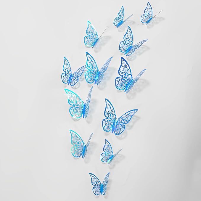 72Pcs 3D Butterfly Wall Decor 3 Sizes 3 Styles, Removable Butterfly Stickers Wall Decals, Butterfly Decorations Party Birthday Cake Decoration for Kids Nursery Wedding Bedroom Room(Blue)