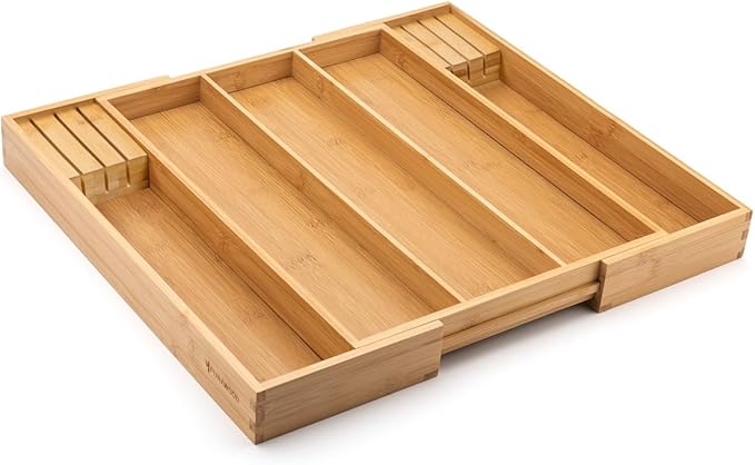 Purawood - Large Premium Bamboo Silverware Organizer with Knife Blocks - Expandable Kitchen Drawer & Utensil Organizer, Cutlery Tray with Drawer Dividers for Kitchen Flatware (3-5 Slots) (Natural)