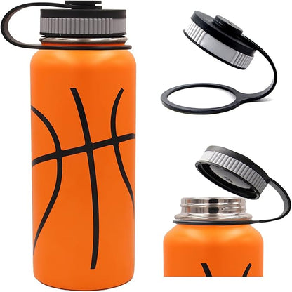 32 oz Basketball Water Bottle,Sports Flask with 2 Lids Straw Lid & Flex Cap,18/8 Stainless Steel Travel Tumbler Double Wall Vacuum Insulated Hot/Cold Gift for Mom Men (32oz, Basketball)