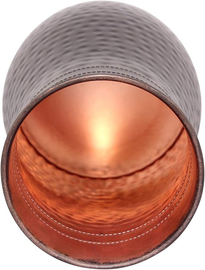 AAYUVEDA® Pure Copper Hammered Antique Bedroom Water Bottle 34oz, with In-Built Glass (Loose Lid, Pack of 1)