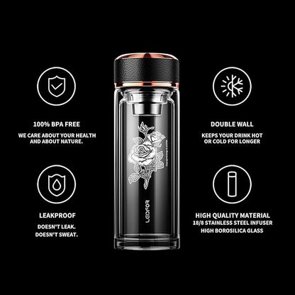 Tea Tumbler with Infuser - BPA Free Double Wall Glass Travel Tea Mug With Stainless Steel Filter - Leakproof Tea Bottle with Strainer for Loose Leaf Tea and Fruit Water 17 oz Rose