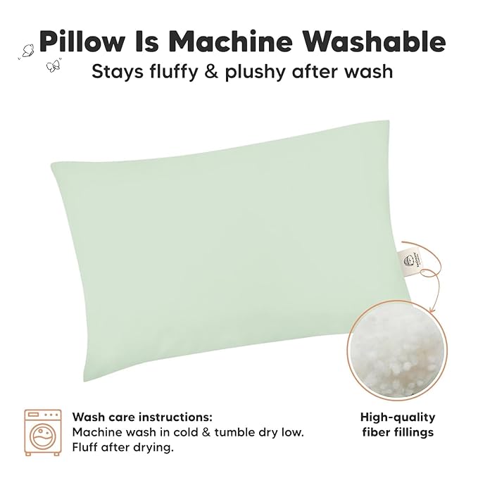 2-Pack Toddler Pillow - Soft Organic Cotton Toddler Pillows for Sleeping - 13X18 Small Pillow for Kids - Kids Pillows for Sleeping - Kids Pillow for Travel, School, Nap, Age 2 to 5 (Sage)