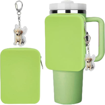 Water Bottle Pouch for Stanley Tumbler,Silicone Waterproof Fanny Pack for Stanley Cup 30/40oz Universal,Large Capacity Durable Tumbler Pouch-Green