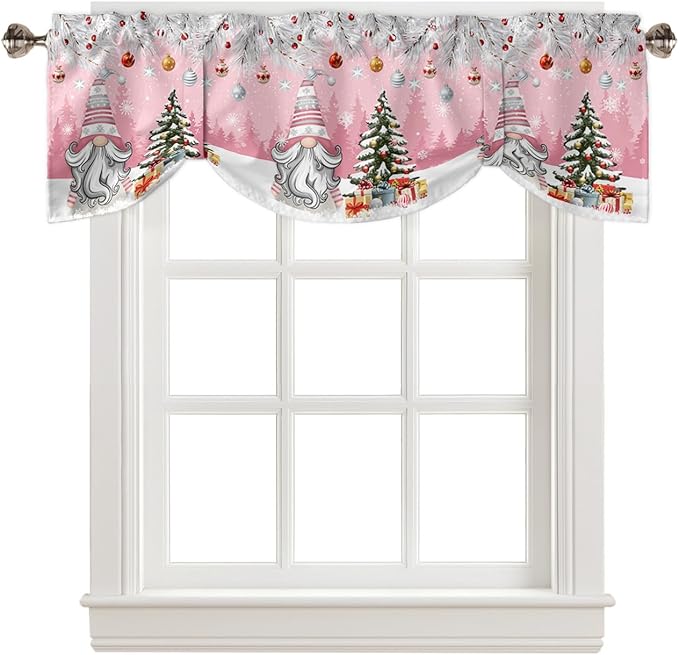 Christmas Gnome Blackout Tie Up Valance Curtains for Kitchen Windows Winter Merry Christmas Tree Balls Window Toppers Balloon Shades for Living Room/Bathroom/Bedroom,1 Panel, 60" X 18", Pink