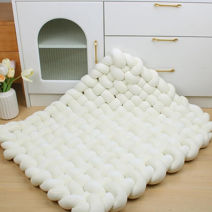 XHJRI Thickened Braided Knot Seat Mat, Knotted Floor Decorative Cushion, Handmade Baby Infant Playing Pad Nursery Rug (27.5 * 31.5 Inch,Beige)
