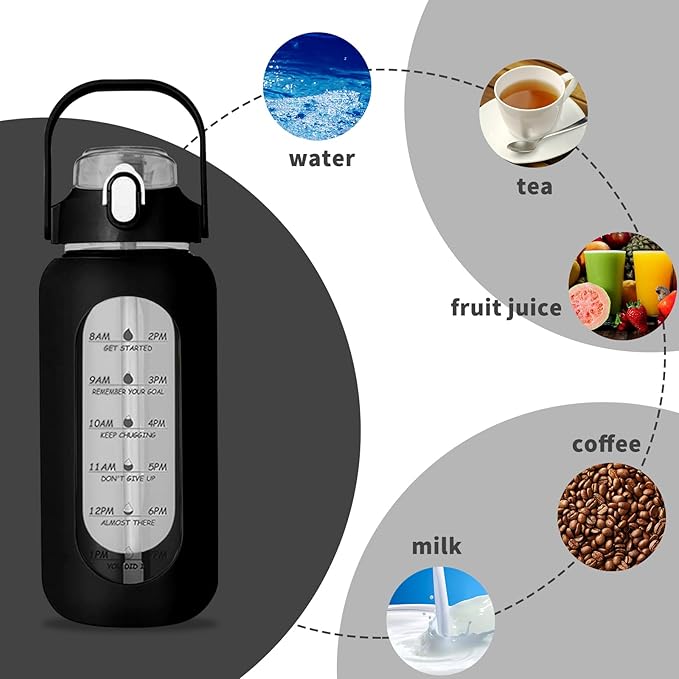 64oz Glass Water Bottle with Straw - Half Gallon Large Motivational Water Bottle with Silicone Sleeve Time Marker, Ideal for Gym, Sports, Workouts, Daily