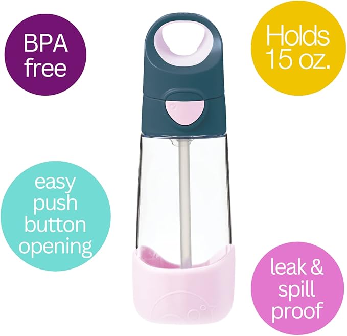 b.box 15oz Tritan Straw Bottle: Kids Water Bottle for Toddlers & Up. Spill Proof, Leak Proof, BPA Free. Great for School/Daycare or Next Step after Sippy Cups (Indigo Rose)