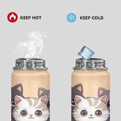 Cat Insulated Water Bottle with Handle Stainless Steel Water Bottle 18 Oz Travel Cup Reusable for Travel Camping Hiking Bike Sports Gym & Office