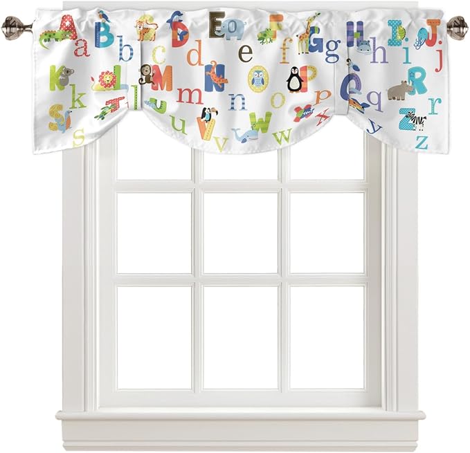 Cute Animals Alphabet for Kids Blackout Tie Up Valance Curtains for Kitchen Windows Colorful Printed Window Toppers Balloon Shades for Living Room/Bathroom/Bedroom,1 Panel,42" X 18"