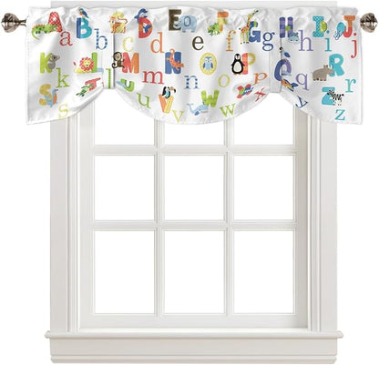 Cute Animals Alphabet for Kids Blackout Tie Up Valance Curtains for Kitchen Windows Colorful Printed Window Toppers Balloon Shades for Living Room/Bathroom/Bedroom,1 Panel,42" X 18"