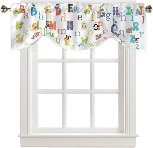 Cute Animals Alphabet for Kids Blackout Tie Up Valance Curtains for Kitchen Windows Colorful Printed Window Toppers Balloon Shades for Living Room/Bathroom/Bedroom,1 Panel,54" X 18"