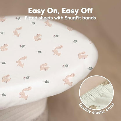 2-Pack Organic Bassinet Sheets for Girls, Boys-100% Cotton Bassinet Mattress Sheets Compatible with Halo Bassinest Swivel Sleeper,Graco,Baby Delight,Chicco,Unisex Fitted Bassinet Sheets (Nibble/Bruce)