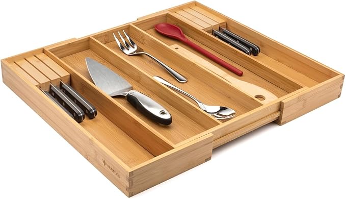 Purawood - Large Premium Bamboo Silverware Organizer with Knife Blocks - Expandable Kitchen Drawer & Utensil Organizer, Cutlery Tray with Drawer Dividers for Kitchen Flatware (3-5 Slots) (Natural)