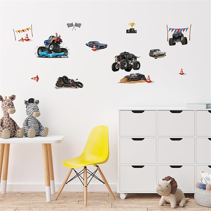 Racing Car Wall Stickers Monster Truck Vehicles Peel and Stick Wall Art Decals for Boys Room Kids Bedroom Playroom (Style2)