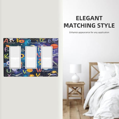 ABC Outer Space 3 Gang Rocker Light Switch Plate Alphabet Galaxy Educational Triple Decora Outlet Wall Plate Cover Faceplate Decorative Switchcovers GFCI for Kidroom Nursery Living Room Boyroom Decor