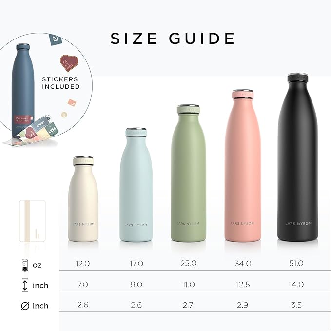 LARS NYSØM Stainless Steel Insulated Water Bottle 12oz 17oz 25oz 34oz 51oz | BPA-free Insulated Thermo Flask for Hot and Cold Beverages | Leakproof Drinking Bottle (Capulet Olive, 17oz)