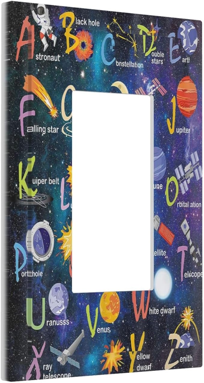 ABC Outer Space 1 Gang Rocker Light Switch Plate Alphabet Galaxy Educational Single Decora Outlet Wall Plate Cover Faceplate Decorative Switchplate GFCI for Kidroom Nursery Living Room Boyroom Decor