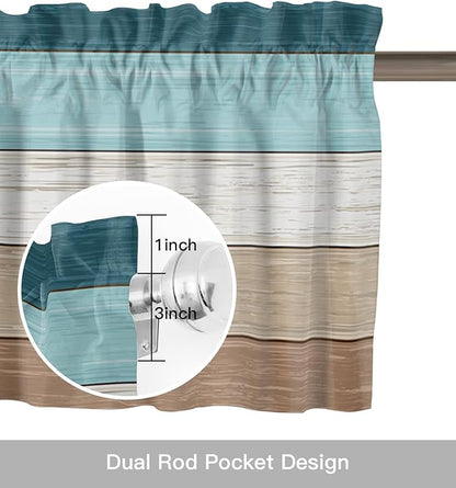 Farmhouse Kitchen Curtains Valances for Windows ,Teal Blue Brown Beach Rod Pocket Country Window Treatment for Kitchen /Living Room/Bedroom/ Bathroom,42" X 18" -1 Panel, Retro Rustic Barn Wood Texture