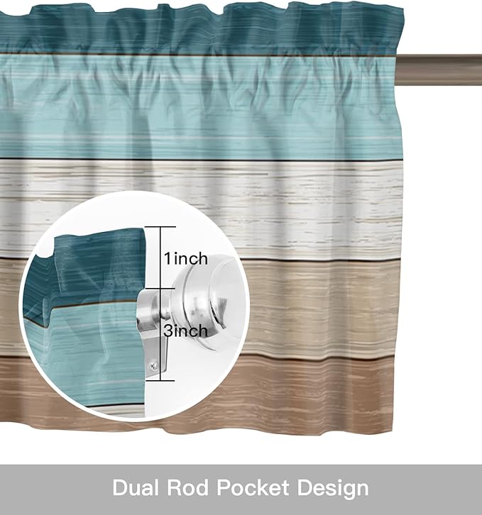 Farmhouse Kitchen Curtains Valances for Windows ,Teal Blue Brown Beach Rod Pocket Country Window Treatment for Kitchen /Living Room/Bedroom/ Bathroom,54" X 18" -1 Panel, Retro Rustic Barn Wood Texture