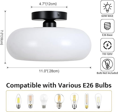 Mid-Century Modern Semi Flush Mount Ceiling Light, Metal Kitchen Light Fixture with Glass Shade,Vintage White and Black Colse to Ceiling Lamp for Entryway Hallway Bathroom (11.0 Inch)