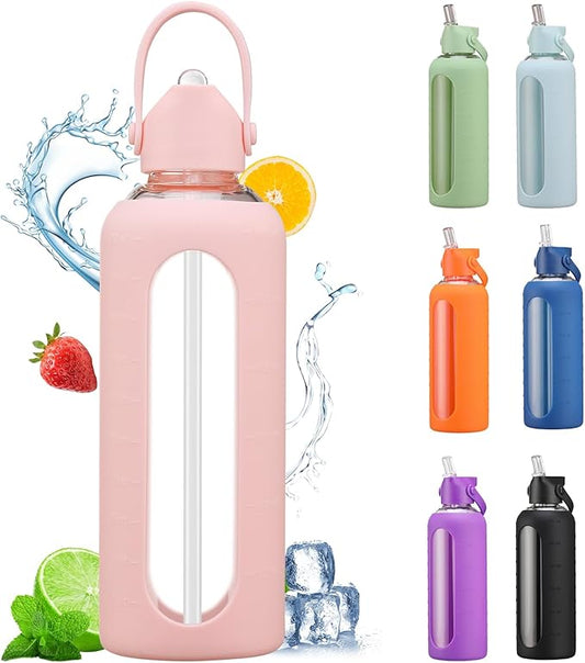 20 oz Glass Water Bottles with Straw Borosilicate Glass Water Bottle with Time Marker Motivational Water Bottles with Silicone Sleeve Leak Proof Reusable BPA Free