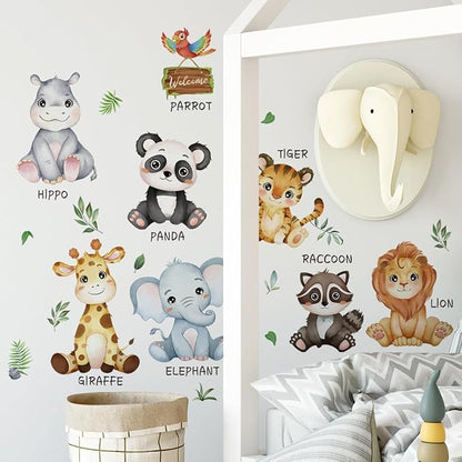 Baby Animal Wall Stickers Panda Lion Giraffe Wall Decals Premium Vinyl Jungle Animal Wall Decals for Nursery Living Room TV Sofa Background Bedroom Kids Room