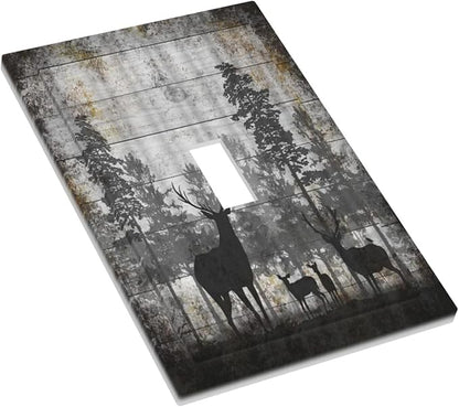 Rustic Deer Forest Vintage Wood Board 1 Gang Boho Light Switch Covers Decorative Country Unique Single Toggle Wall Plate Switchcover Electrical Switchplate for Farmhouse Cabin Decor
