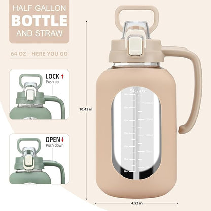 64 oz Glass Water Bolttles Half Gallon Large Motivational Water Bottle with Time Marker Sports Water Bottles with Silicone Sleeve and Handle Lid Water Jug for Gym Workout