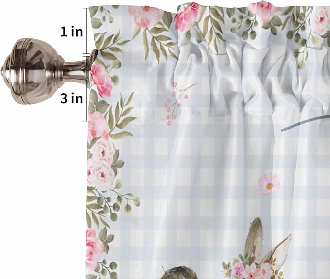 Rabbits Flowers Easter Kitchen Curtains and Valances Set,Eucalyptus Leaf Spring Summer Window Tiers Grey White Buffalo Plaid Half/Short Curtains for Small Windows Cafe /Living Room/ Bedroom 54x24 in